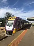 Rear of Southern Cross-bound VLocity train, April 2021