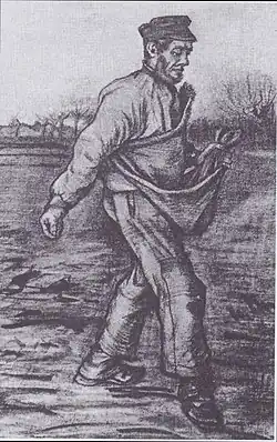 A sower wearing a cap sowing seed. Behind there is a line of bare trees.