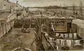 An extremely intricate drawing in exact perspective of a backyard seen from above. There is laundry hanging out to dry in the foreground and meadows with some buildings on the horizon in the background.
