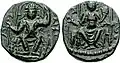 A bronze coin of Vasudeva II enthroned. Circa 290–310