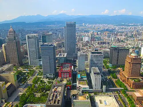 Aerial view of other skyscrapers in Xinyi Special District, Taipei from the Taipei Nan Shan Plaza Observatory.