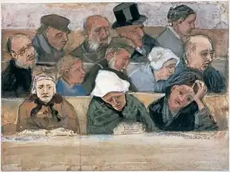 A group of people sitting in a church. They look rather bored, even asleep.