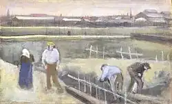 A watercolor of workers digging by a path. On the horizon can be seen a line of low lying buildings suggesting the outskirts of a large town or city.