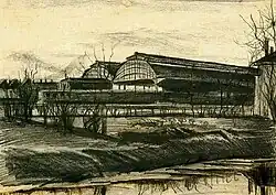 A drawing of a large building that looks like a railway station