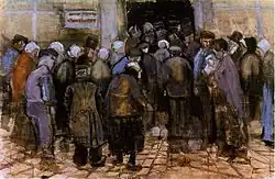 A group of poor looking people huddled at a door seen from the back. To the left of a door a sign can just be made out saying 'Staatsloterij'
