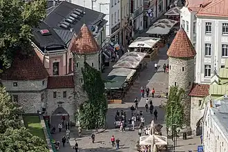 Viru Gate, entrance to the Old Town. Two remaining towers that were part of a larger 14th-century gate system.