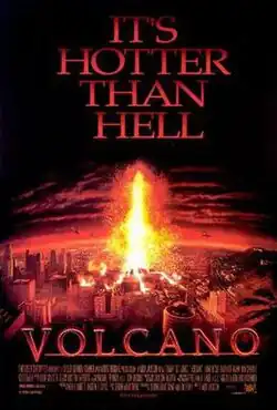A yellow volcanic eruption against a black sky and a red cityscape