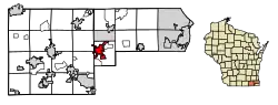 Location of Burlington in Racine and Walworth counties, Wisconsin