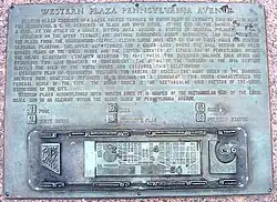 Western Plaza plaque describing the history and features of Plaza and of the L'Enfant Plan. The plaque's engraved illustration identifies the locations of the Plaza's major elements in 2006