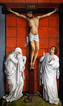 Crucifixion with the Virgin and St. John (1457–1464), oil on oak panel, El Escorial, Madrid