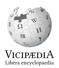 The logo of Latin Wikipedia, an incomplete sphere made of large, white, jigsaw puzzle pieces. Each puzzle piece contains one glyph from a different writing system, with each glyph written in black. The Latin Wikipedia wordmark displays the name Vicipædia, written in all caps. The&nbsp;V and the&nbsp;A are the same height and both are taller than the other letters which are also all the same height.