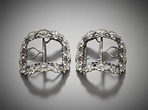 Woman's silver and steel shoe buckles with paste stones, 1780–1785. LACMA M.80.92.1a-b