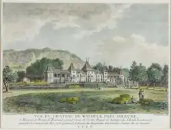 Waldegg Castle, engraving by Nicolas Perignon with dedication to Pierre Victor, Baron de Besenval, around 1785