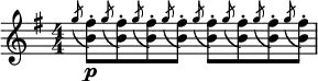   \relative c'' { \set Score.tempoHideNote = ##t \tempo 4 = 92 \set Staff.midiInstrument = #"flute" \clef treble \numericTimeSignature \time 4/4 \key g \major \slashedGrace { g'8( } <fis b,>8-.)\p \slashedGrace { g( } <fis b,>-.) \slashedGrace { g( } <fis b,>-.) \slashedGrace { g( } <fis b,>-.) \slashedGrace { g( } <fis b,>-.) \slashedGrace { g( } <fis b,>-.) \slashedGrace { g( } <fis b,>-.) \slashedGrace { g( } <fis b,>-.) } 
