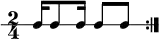 
\new RhythmicStaff {
   \clef percussion
   \time 2/4
   \repeat volta 2 { c16 c8 c16 c8[ c] }
}
