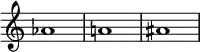  {

\override Score.TimeSignature
#'stencil = ##f
    \relative c'' {
        \time 4/4
        aes1 a! ais
    }  }

