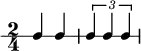 \new RhythmicStaff {
\clef percussion
\time 2/4
\set Score.tempoHideNote = ##t \tempo 4 = 100
c4 c
\tuplet 3/2 { c4 c c }
}