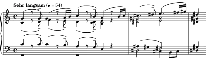 { \new PianoStaff <<
\new Staff = "RH" \relative c' { \clef treble \time 4/4 \tempo "Sehr langsam" 4 = 54 << { g'( r8 g->) g4( r8 a16 b) c4( r8 bes--) a4( r8 bes16( c)) cis4.( dis8--) e4.( fis16( gis)) dis4 } \\ { c,4( r8 d--) f4( r8 e--) d4( r8 <d c>8--) <e b>4 r <gis dis>2 <a e> <gis dis>4 } >> }
\new Staff = "LH" \relative c' { \clef bass \time 4/4 << { c( r8 c--) c4( r8 b--) a4( r8 g--) e4 r ais( gis fis2) gis4 } \\ { r1 r dis2 cis4 b8 cis <dis gis>4 } >> } >> }