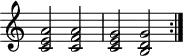 \header { tagline = "" }
\score {
\new Staff \with { \remove "Time_signature_engraver" }
\repeat volta 2 {<c' e' a'>2 <c' f' a'> <c' e' g'> <b d' g'>}
\layout { }
}
\score { % "unfold" this score copy so MIDI plays the repeated section twice
\unfoldRepeats {
\repeat volta 2 {<c' e' a'>2 <c' f' a'> <c' e' g'> <b d' g'>}
}
\midi { }
}