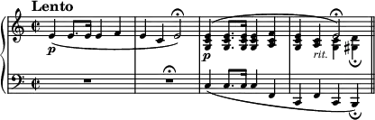 \new PianoStaff <<
\new Staff = "Up" \with { \magnifyStaff #3/4 } <<
\new Voice \relative c' {
\clef treble
\key a \minor
\tempo "Lento"
\set Score.tempoHideNote = ##t \tempo 4 = 50
\time 2/2
e4 \p (e8. e16 e4 f e c \tempo 4=40 e2 \fermata) \tempo 4=50 <g, c e>4 \p ^(<g c e>8. <g c e>16 <g c e>4 <a c f> <g c e> <a c>_\markup{\italic rit.} \tempo 4=25 e'2 \fermata)
}
\new Voice \relative c'{
\stemDown
s1 s s s2 <g c>4 <gis d'>_\fermata
}
>>
\new Staff = "Down" \with { \magnifyStaff #3/4 } <<
\new Voice \relative c{
\clef bass
\key a \minor
R1 s4. r1 \fermata
}
\new Voice \relative c{
s1 s c4 (c8. c16 c4 f,4 c f c b4_\fermata) \bar "||"
}
>>
>>