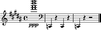 \relative c'''' { \clef treble \time 4/4 \key b \major <dis b fis dis>1\ppp | \clef bass c,,,,,4 r c r | c r r2 \bar "|." }