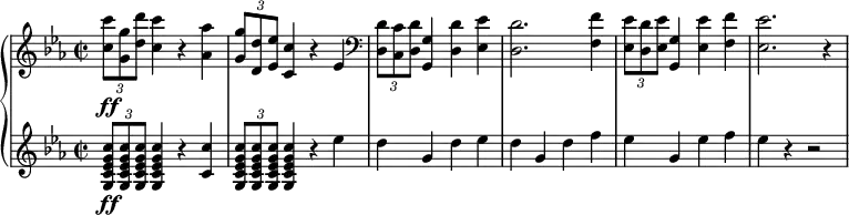 { \new PianoStaff <<
\new Staff \relative c'' { \set Staff.midiInstrument = #"piano" \key c \minor \clef treble \time 2/2 \set Score.tempoHideNote = ##t \tempo 2 = 95
\once \override TupletBracket #'stencil = ##f
\times 2/3 {
<c c'>8 \ff <g g'>8 <d' d'>8
}
<c c'>4 r4 <as as'>4 | % 2
\once \override TupletBracket #'stencil = ##f
\times 2/3 {
<g g'>8 <d d'>8 <es es'>8
}
<c c'>4 r4 es4 | % 3
\clef "bass" \once \override TupletBracket #'stencil = ##f
\times 2/3 {
<d, d'>8 <c c'>8 <d d'>8
}
<g, g'>4 <d' d'>4 <es es'>4 | % 4
<d d'>2. <f f'>4 | % 5
\once \override TupletBracket #'stencil = ##f
\times 2/3 {
<es es'>8 <d d'>8 <es es'>8
}
<g, g'>4 <es' es'>4 <f f'>4 | % 6
<es es'>2. r4
}
\new Staff \relative g { \set Staff.midiInstrument = #"piano" \key c \minor \clef treble \time 2/2
\once \override
TupletBracket #'stencil = ##f
\times 2/3 {
<g c es g c>8 \ff <g c es g c>8 <g c es g c>8
}
<g c es g c>4 r4 <c c'>4 | % 2
\once \override TupletBracket #'stencil = ##f
\times 2/3 {
<g c es g c>8 <g c es g c>8 <g c es g c>8
}
<g c es g c>4 r4 es''4 d4 g,4 d'4 es4 | % 4
d4 g,4 d'4 f4 | % 5
es4 g,4 es'4 f4 | % 6
es4 r4 r2 }
>> }