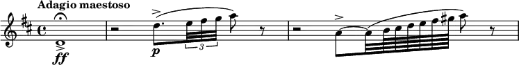 \relative c' {
\tempo "Adagio maestoso"
\key d \major
d1\ff->\fermata | r2 d'8.->\p ( \times 2/3 {e32 fis g} a8) r | r2 a,8~-> a32 (b64 cis d e fis gis a8) r
}