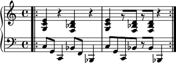 
    {
      \new PianoStaff <<
        \new Staff <<
            \relative c' {
                \set Score.tempoHideNote = ##t \tempo 2 = 100
                \clef treble \key c \major \time 4/4
                <g c e>4 r <f bes d> r <g c e> r8[ <f bes d>] r[ <f bes d>] r4
                }
            >>
        \new Staff <<
            \relative c {
                \clef bass \key c \major \time 4/4
                \bar ".|:"
                c8 g c,4 bes'8 f bes,4 c'8 g c, bes' r[ bes] bes,4 \bar ":|."
                }
            >>
    >> }

