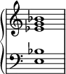 \new PianoStaff <<
\omit Score.TimeSignature
\new Staff { <ees' g' bes'>1 }
\new Staff { \clef bass <e bes>1 }
>>