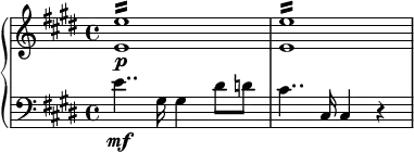 \relative c' {
\new PianoStaff <<
\new Staff {
\set Staff.midiInstrument = #"piano" \key e \major \clef treble \time 4/4 \set Score.tempoHideNote = ##t \tempo 4 = 40
<e e'>1:16 \p |
<e e'>1:16 |
}
\new Staff {
\clef bass \key e \major
e4.. \mf gis,16 gis4 dis'8 d8 |
cis4.. cis,16 cis4 r4 |
}
>>
}
