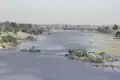 The Falémé River with bushes on its banks at the Mali-Senegal border, 1984.