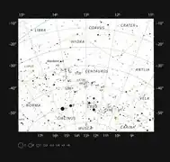 This chart shows the large southern constellation of Centaurus (the Centaur) and shows most of the stars visible with the naked eye on a clear dark night. The location of the closest star to the Solar System, Proxima Centauri, is marked with a red circle. Proxima Centauri is too faint to see with the unaided eye but can be found using a small telescope.